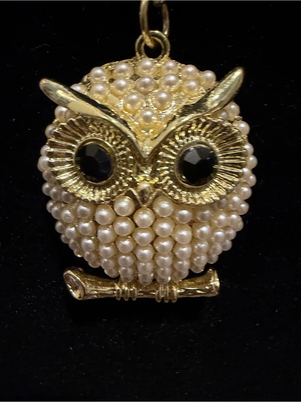 Vintage 1970's Gold Tone Owl Pendant Necklace Cream Whimsical Boho